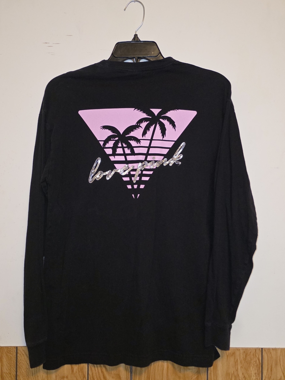 PINK Victoria's Secret Black Long Sleeve Tee with Pink Palm Triangle